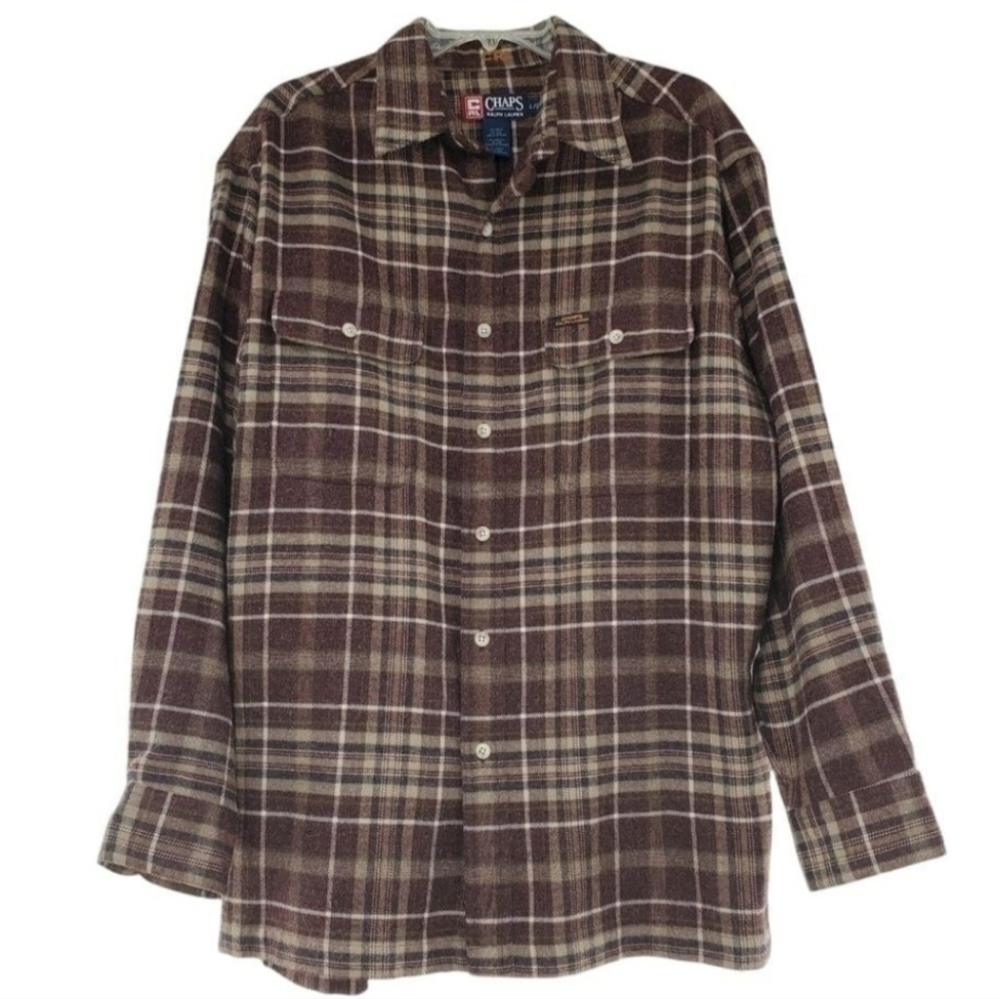 Chaps Ralph Lauren Wool Blend Brown & Tan Plaid Button-Down Long Sleeve Shirt